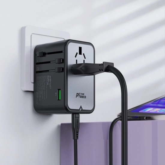 Acefast Z1 GaN 75W PD travel charger adapter 3x USB-C 2x USB-A - black