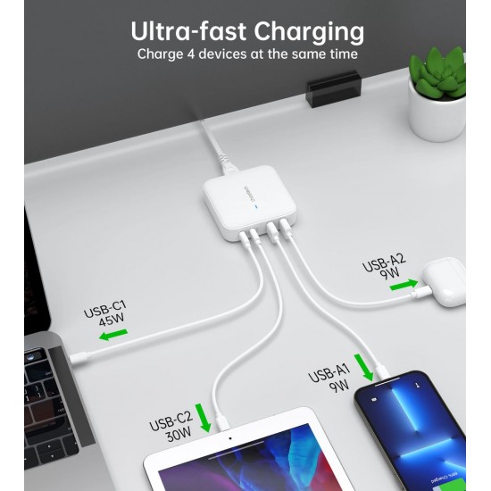 Choetech PD8008 100W GaN fast charger 2x USB-A / 2x USB-C - white