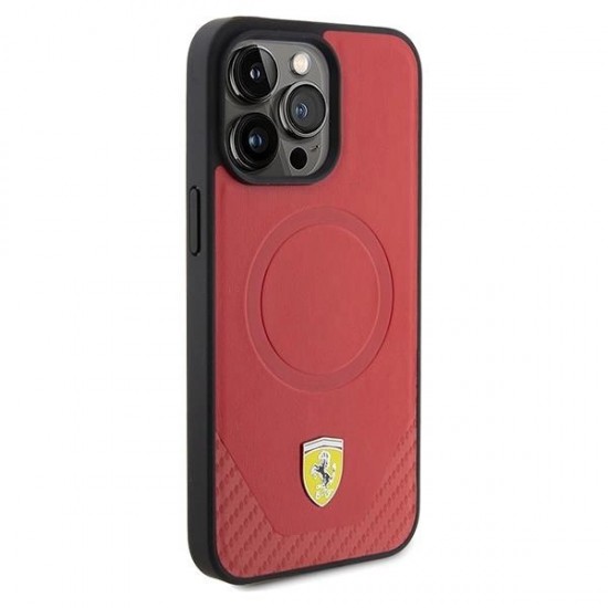 Ferrari Carbon Metal Logo MagSafe case for iPhone 15 Pro - red