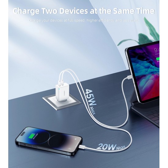 Choetech PD6013 2x USB-C PD 65W GaN wall charger - white