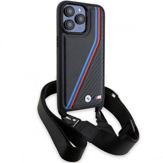 BMW M Edition Carbon Tricolor Lines & Strap case for iPhone 15 Pro - black