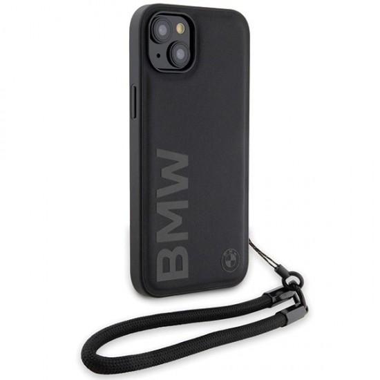 BMW Signature Leather Wordmark Cord case for iPhone 15 Plus / 14 Plus - black