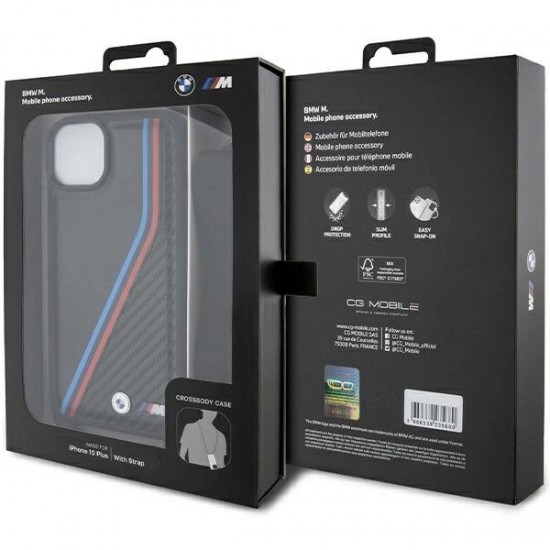 BMW M Edition Carbon Tricolor Lines & Strap case for iPhone 15 / 14 / 13 - black