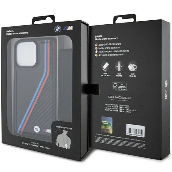 BMW M Edition Carbon Tricolor Lines & Strap case for iPhone 15 Pro Max - black