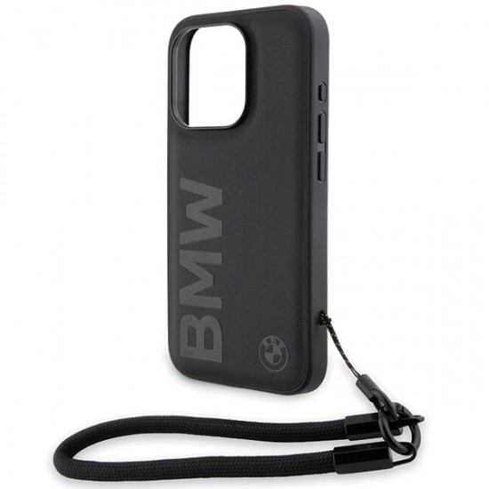 BMW Signature Leather Wordmark Cord case for iPhone 15 Pro Max - black