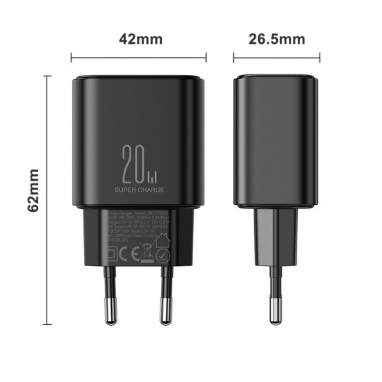 EU Joyroom JR-TCF05 20W USB-A USB-C charger + USB-C cable - black