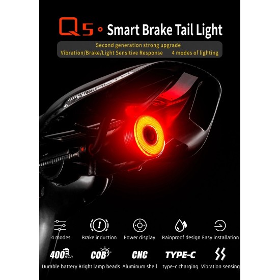 Rockbros Q5 Rear Bike Light with Intelligent Stop System - Black