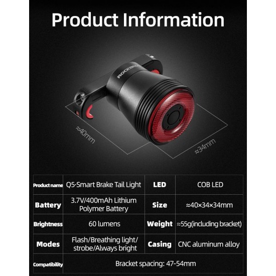 Rockbros Q5 Rear Bike Light with Intelligent Stop System - Black