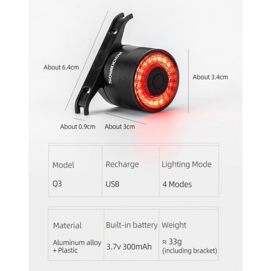 Rockbros Q3 Rear Bike Light with Smart Stop System - Black