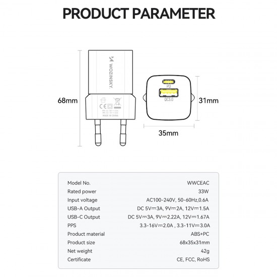 Wozinsky WWCEAC GaN USB-A USB-C 33W wall charger - white