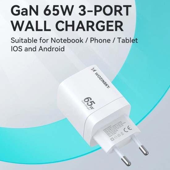 Wozinsky CGWCW 65W GaN Wall Charger USB-A / 2 x USB-C - White