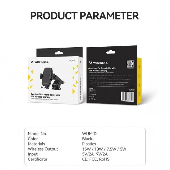 Wozinsky WUMID Car Dashboard Phone Holder with 15W Inductive Charger - Black