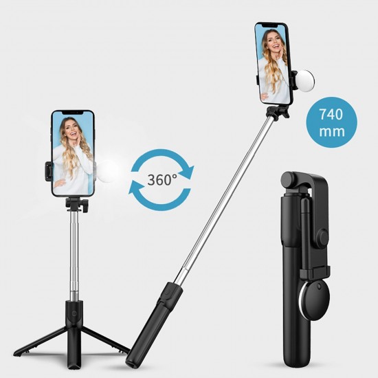 Selfie stick WR1YXS telescopic tripod 0.71m with round lamp - black