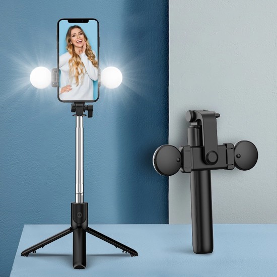Selfie stick WR1YXS telescopic tripod 0.71m with round lamp - black