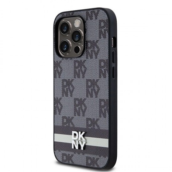 DKNY Leather Checkered Mono Pattern & Printed Stripes iPhone 14 Pro Case - Black
