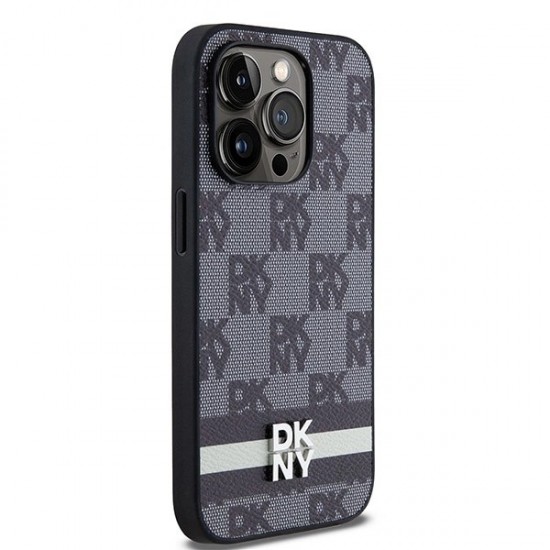 DKNY Leather Checkered Mono Pattern & Printed Stripes iPhone 14 Pro Case - Black
