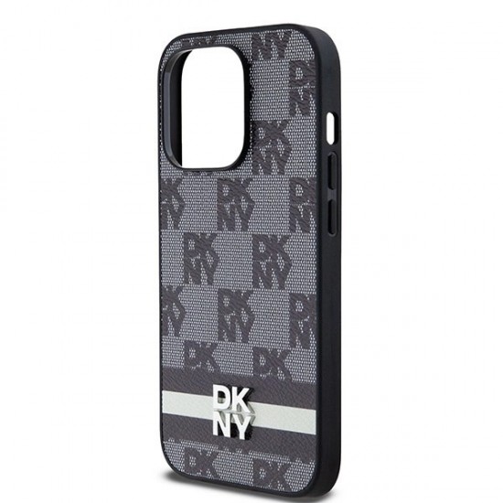 DKNY Leather Checkered Mono Pattern & Printed Stripes iPhone 14 Pro Case - Black