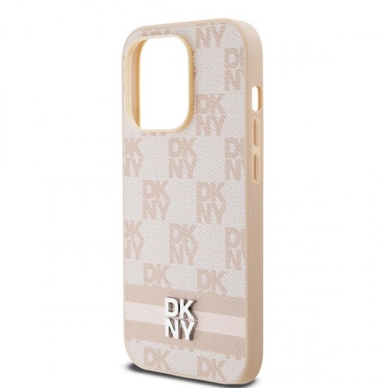 DKNY Leather Checkered Mono Pattern & Printed Stripes case for iPhone 14 Pro - pink