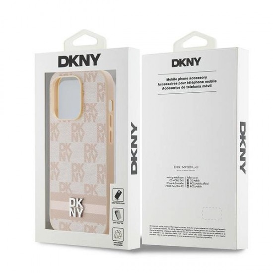 DKNY Leather Checkered Mono Pattern & Printed Stripes case for iPhone 14 Pro - pink