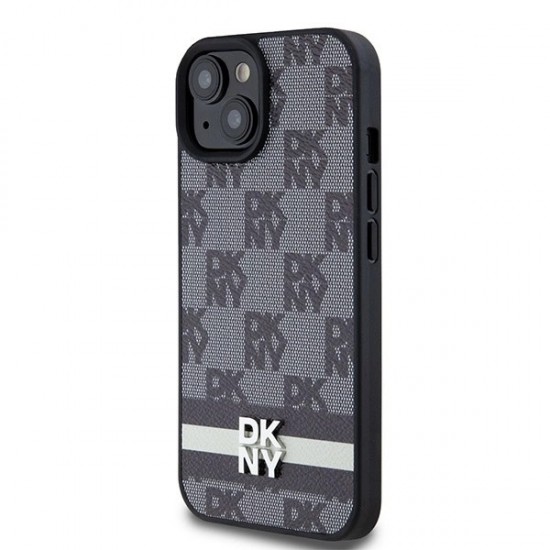 DKNY Leather Checkered Mono Pattern & Printed Stripes Case for iPhone 15/14/13 - Black