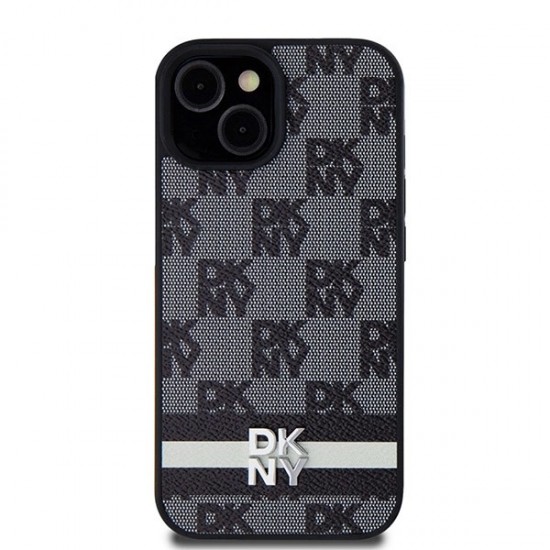 DKNY Leather Checkered Mono Pattern & Printed Stripes Case for iPhone 15/14/13 - Black