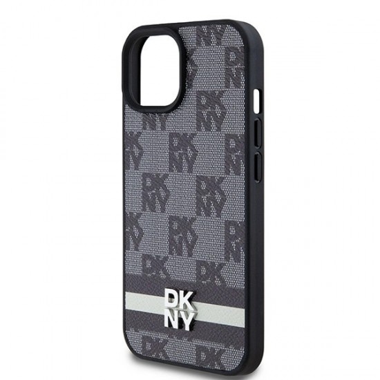 DKNY Leather Checkered Mono Pattern & Printed Stripes Case for iPhone 15/14/13 - Black