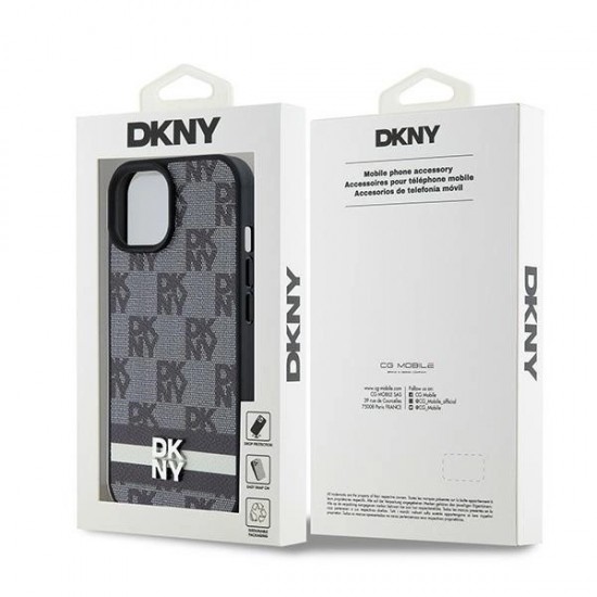 DKNY Leather Checkered Mono Pattern & Printed Stripes Case for iPhone 15/14/13 - Black