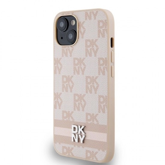 DKNY Leather Checkered Mono Pattern & Printed Stripes case for iPhone 15 / 14 / 13 - pink