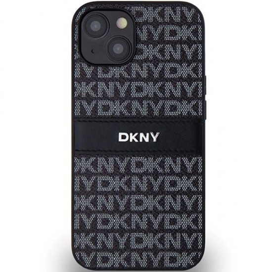 DKNY Leather Mono Stripe & Metal Logo Case for iPhone 15/14/13 - Black