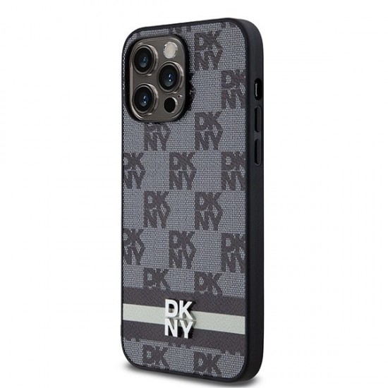 DKNY Leather Checkered Mono Pattern & Printed Stripes Case for iPhone 14 Pro Max - Black