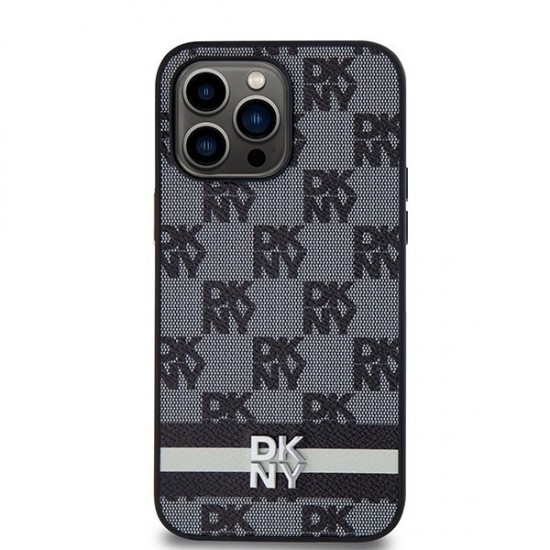 DKNY Leather Checkered Mono Pattern & Printed Stripes Case for iPhone 14 Pro Max - Black