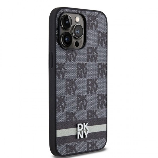 DKNY Leather Checkered Mono Pattern & Printed Stripes Case for iPhone 14 Pro Max - Black