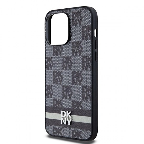 DKNY Leather Checkered Mono Pattern & Printed Stripes Case for iPhone 14 Pro Max - Black