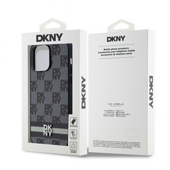 DKNY Leather Checkered Mono Pattern & Printed Stripes Case for iPhone 14 Pro Max - Black