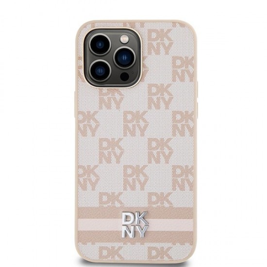 DKNY Leather Checkered Mono Pattern & Printed Stripes case for iPhone 14 Pro Max - pink