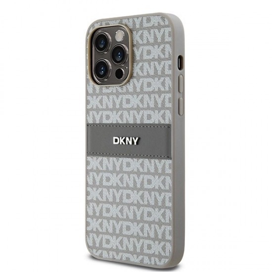DKNY Leather Mono Stripe & Metal Logo case for iPhone 14 Pro Max - beige