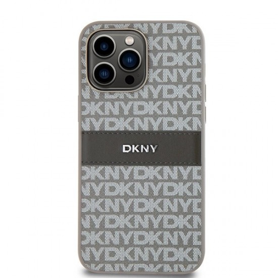 DKNY Leather Mono Stripe & Metal Logo case for iPhone 14 Pro Max - beige