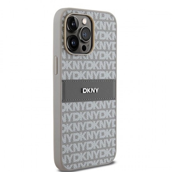 DKNY Leather Mono Stripe & Metal Logo case for iPhone 14 Pro Max - beige