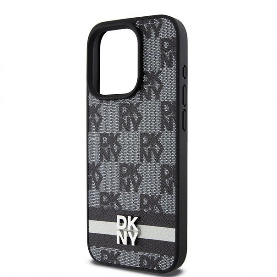 DKNY Leather Checkered Mono Pattern & Printed Stripes iPhone 15 Pro Case - Black
