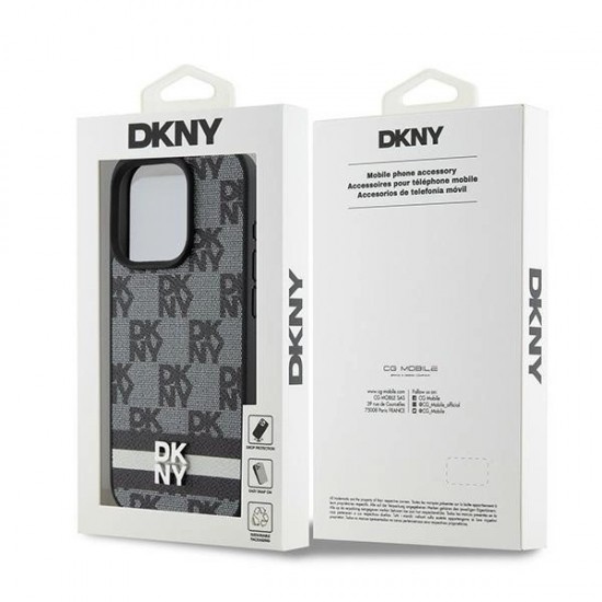 DKNY Leather Checkered Mono Pattern & Printed Stripes iPhone 15 Pro Case - Black