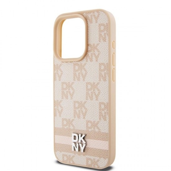 DKNY Leather Checkered Mono Pattern & Printed Stripes case for iPhone 15 Pro - pink