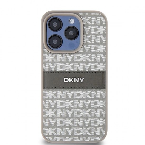 DKNY Leather Mono Stripe & Metal Logo case for iPhone 15 Pro - beige