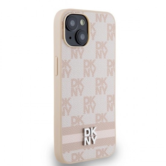 DKNY Leather Checkered Mono Pattern & Printed Stripes Case for iPhone 15 Plus / 14 Plus - Pink