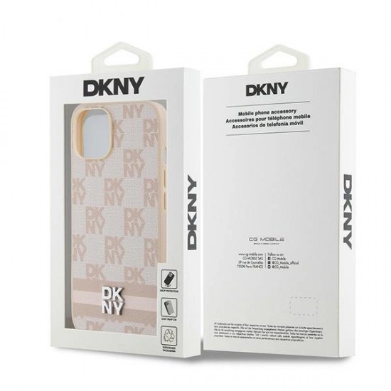 DKNY Leather Checkered Mono Pattern & Printed Stripes Case for iPhone 15 Plus / 14 Plus - Pink