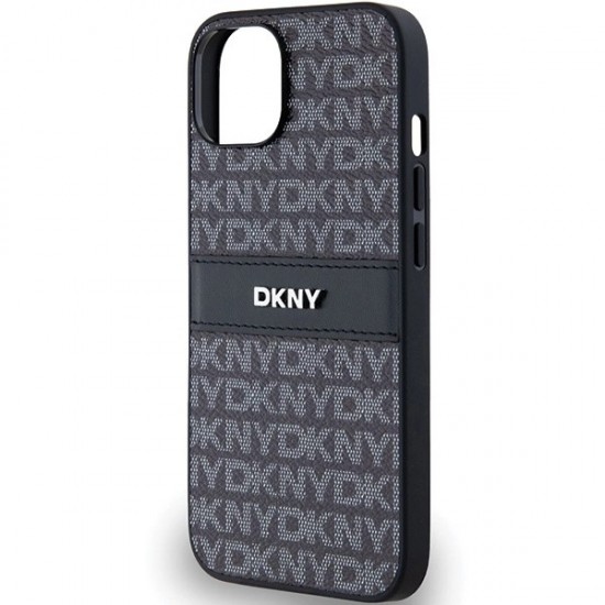 DKNY Leather Mono Stripe & Metal Logo Case for iPhone 15 Plus / 14 Plus - Black