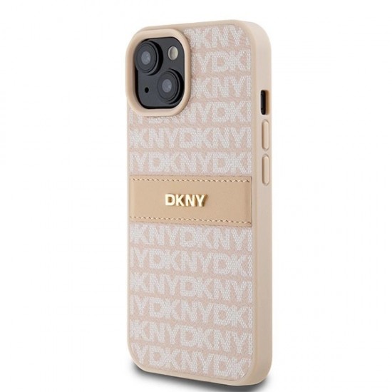 DKNY Leather Mono Stripe & Metal Logo Case for iPhone 15 Plus / 14 Plus - Pink