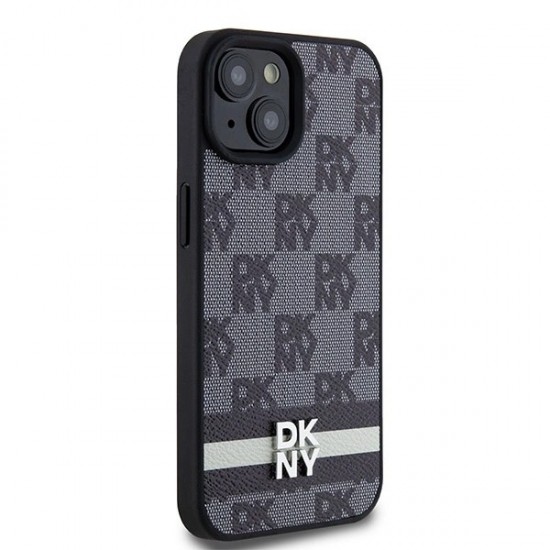 DKNY Leather Checkered Mono Pattern & Printed Stripes Case for iPhone 15/14/13 - Black