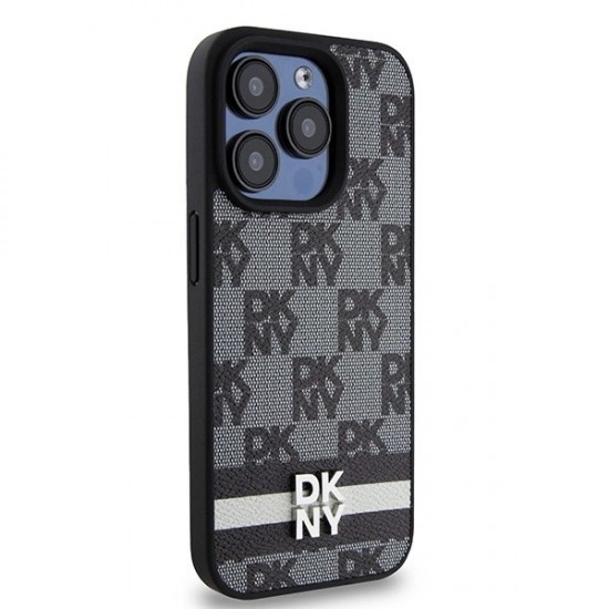 DKNY Leather Checkered Mono Pattern & Printed Stripes Case for iPhone 15 Pro Max - Black