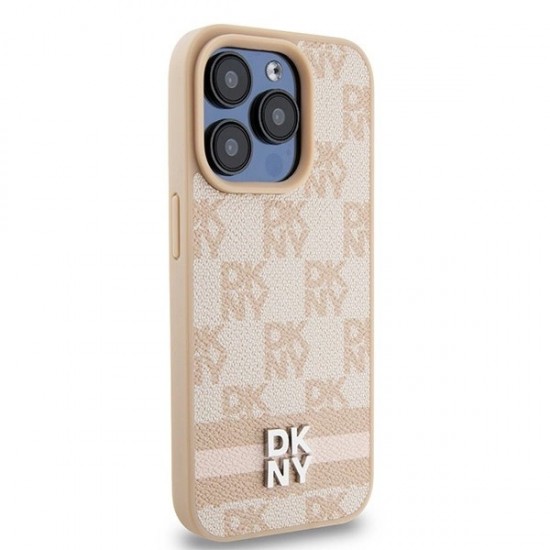 DKNY Leather Checkered Mono Pattern & Printed Stripes case for iPhone 15 Pro Max - pink