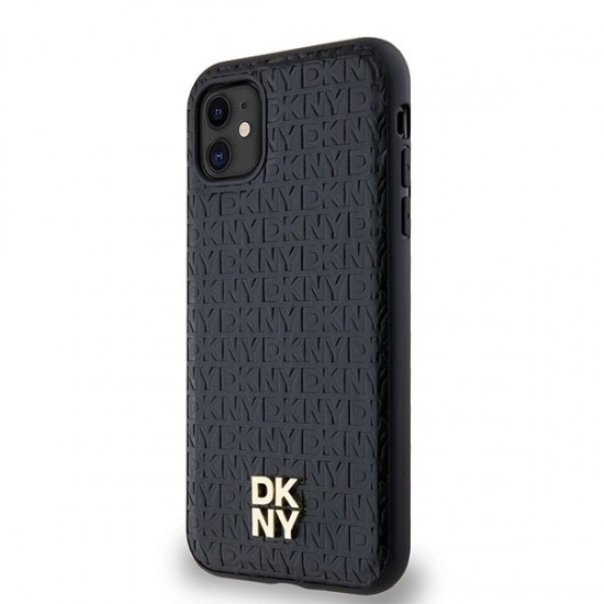DKNY Leather Monogram Pattern Metal Logo MagSafe Case for iPhone 11 / Xr - Black